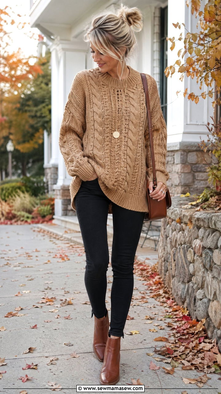 Skinny jeans and chunky knit sweater outfit - 35 Casual outfits for moms