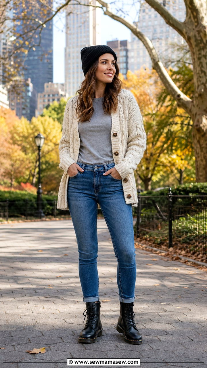 Skinny jeans with a cable knit cardigan and combat boots - 30 Skinny jeans outfit ideas with a cardigan