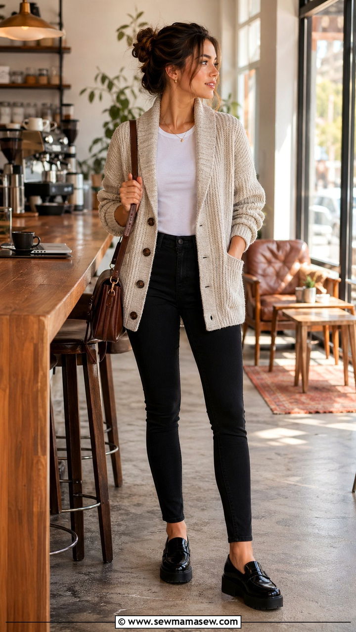 Skinny jeans with a grandpa cardigan and penny loafers - 30 Skinny jeans outfit ideas with a cardigan