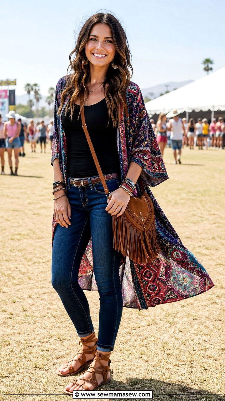 Skinny jeans with a kimono cardigan and flat sandals - 30 Skinny jeans outfit ideas with a cardigan