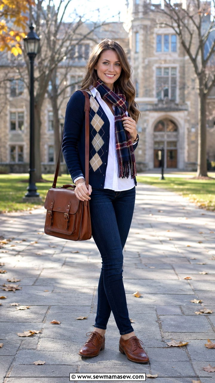 Skinny jeans with an argyle cardigan and brogues - 30 Skinny jeans outfit ideas with a cardigan