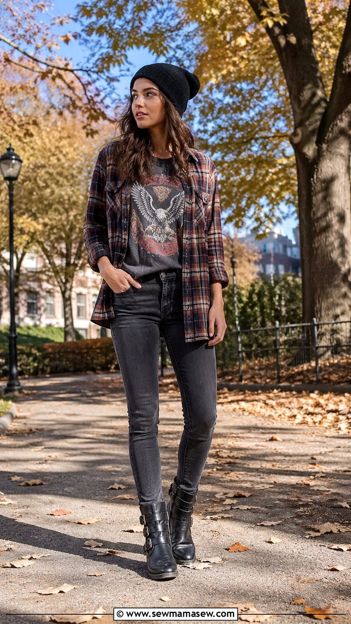 Skinny jeans with biker boots and graphic tee outfit - 30 Skinny jeans outfit ideas with boots
