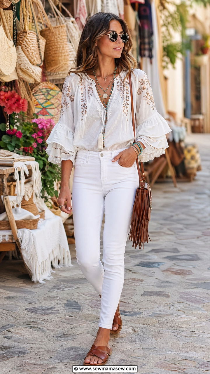 Skinny jeans with boho blouse outfit - 35 skinny jeans outfit ideas