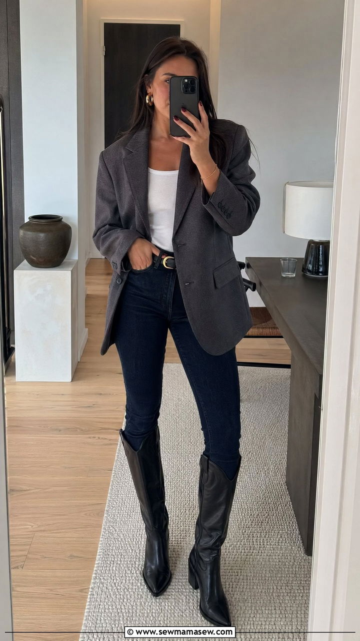 Skinny jeans with cowboy boots and blazer - 35 cowboy boots outfit ideas
