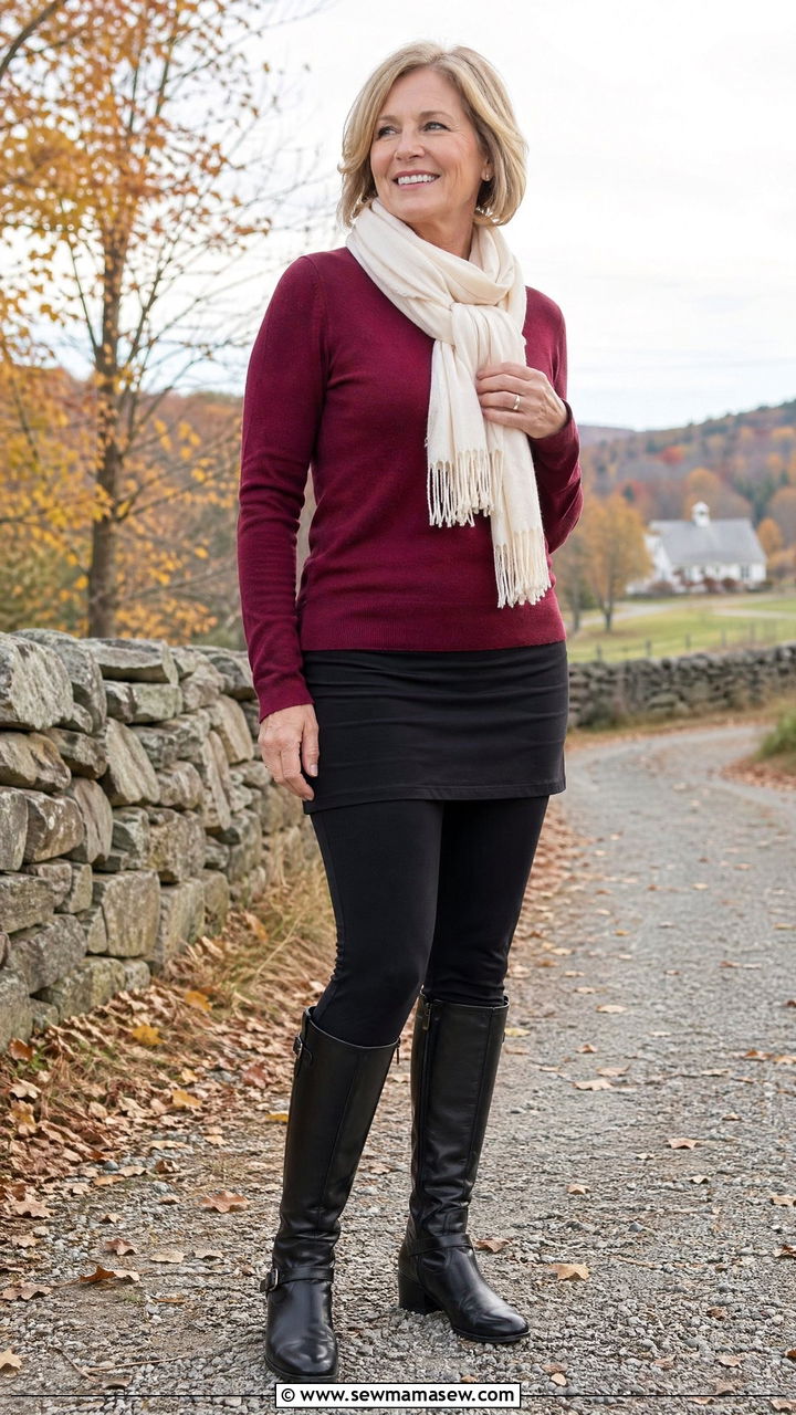 Skirted legging with longsleeve knit and riding boots - 35 Travel outfit ideas for women over 50
