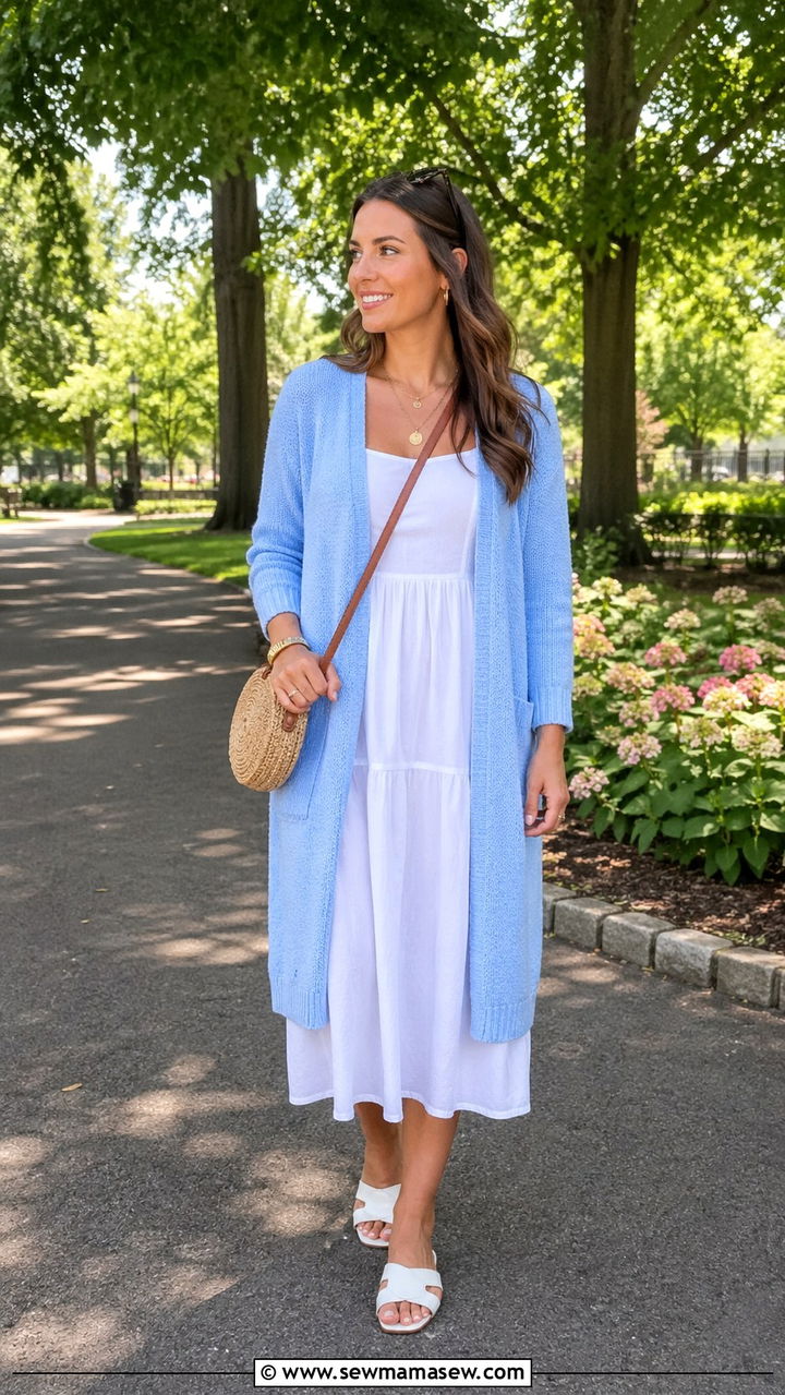 Sky Blue Open Cardigan over White Midi Dress - 40 All blue outfit ideas