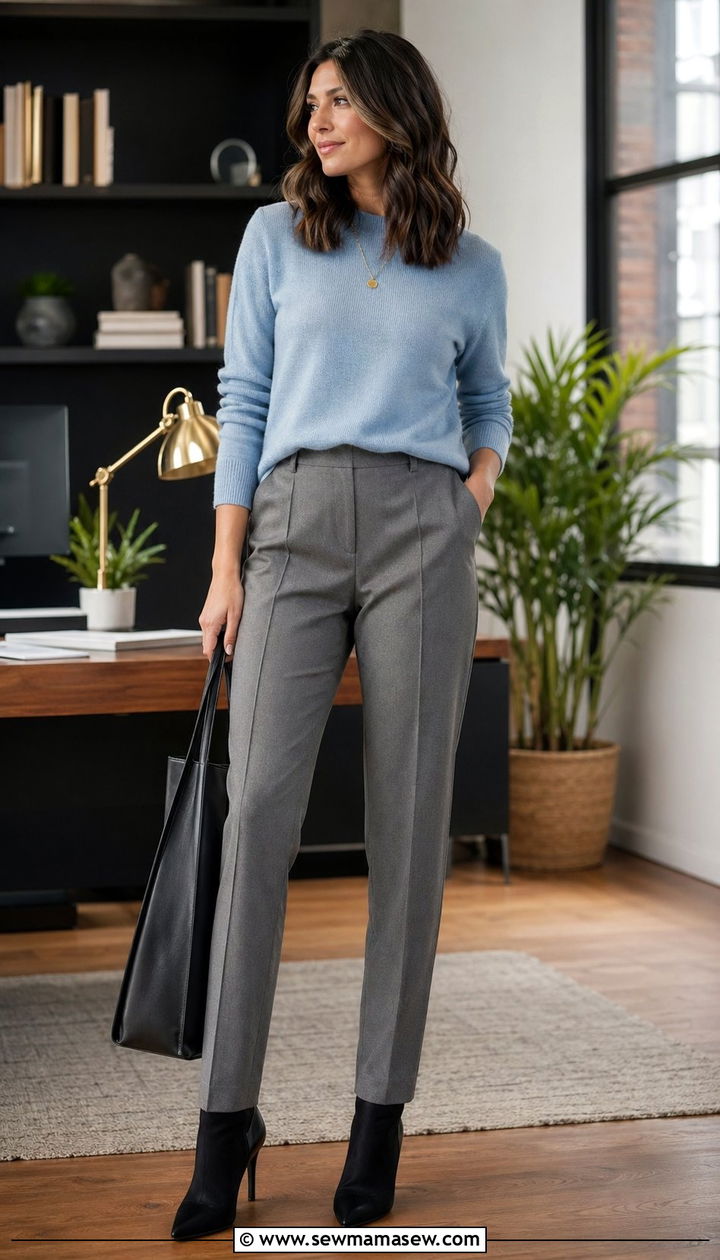 Sky Blue Sweater and Tailored Trousers Work Outfit - 30 Blue outfit ideas for work