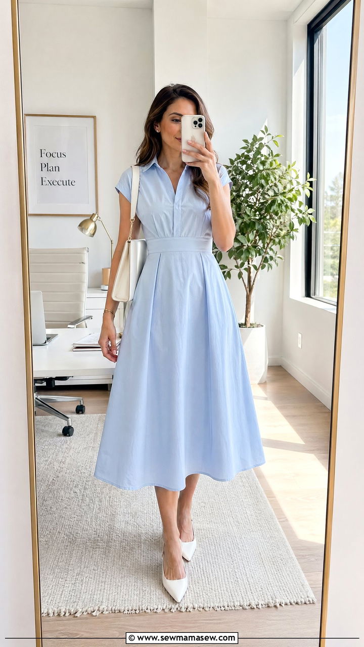 Sky blue A line dress with white slingbacks work outfit - 35 Summer work outfits