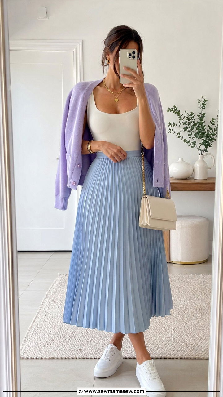 Sky blue skirt and lilac cardigan outfit - 35 Spring pastel outfit ideas