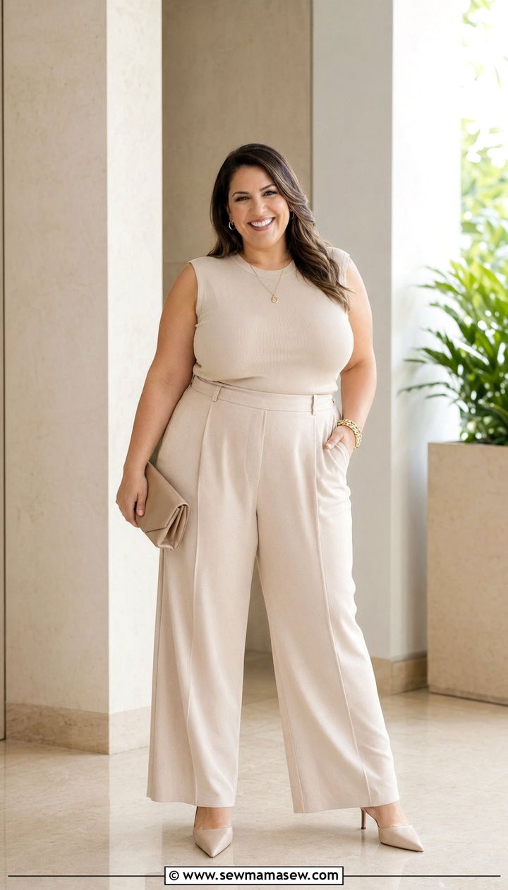 Sleeveless Beige Top And Wide Leg Pants - 35 Plus size summer outfits