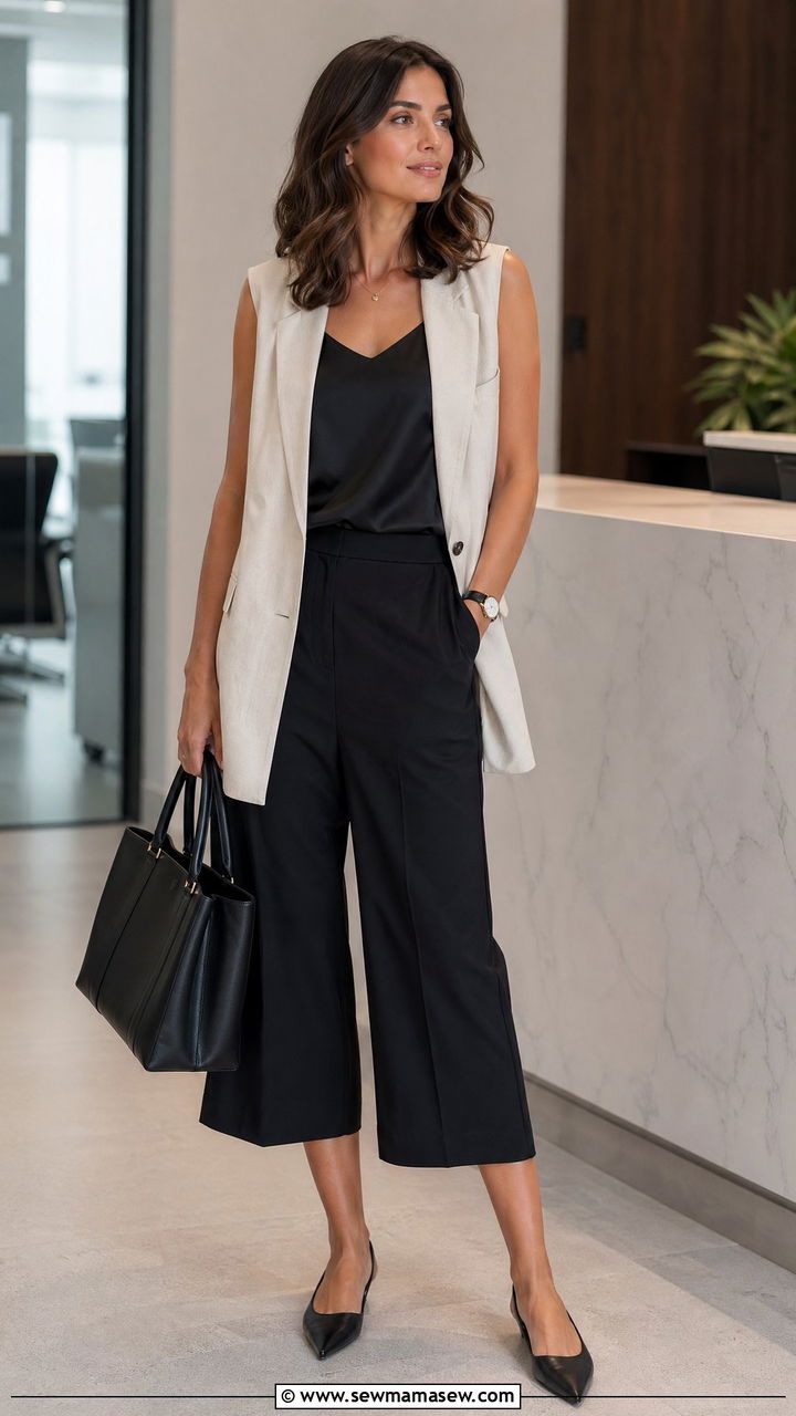 Sleeveless Blazer With Wide Leg Culottes - 35 Cold summer outfits