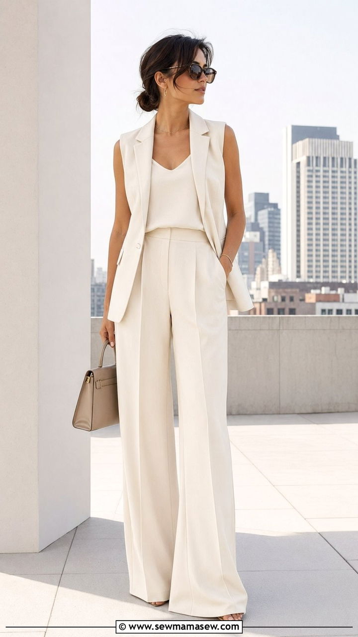 Sleeveless Blazer with Wide Leg Trousers Outfit - 30 Best blazers for petite women