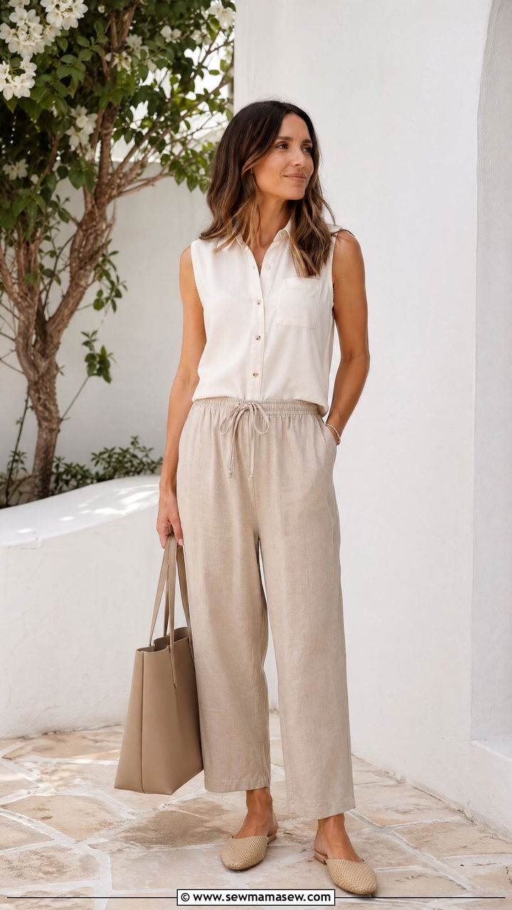 Sleeveless Button Down And Drawstring Linen Pants - 35 Summer outfits for stay at home moms
