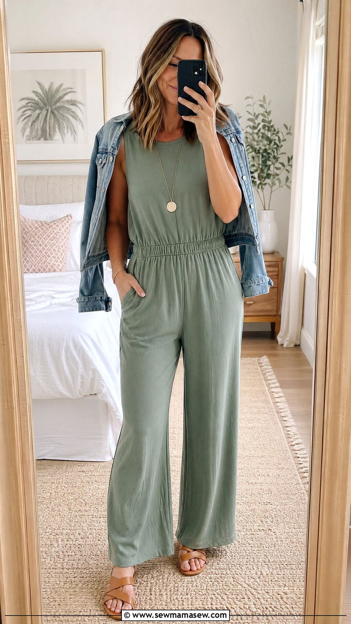 Sleeveless Cotton Jumpsuit With Flat Sandals - 35 Summer outfits for stay at home moms