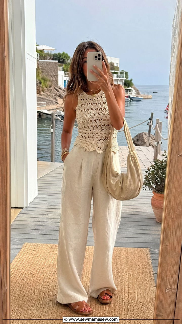 Sleeveless Crochet Top with High Waisted Linen Trousers - 35 Warm summer outfits