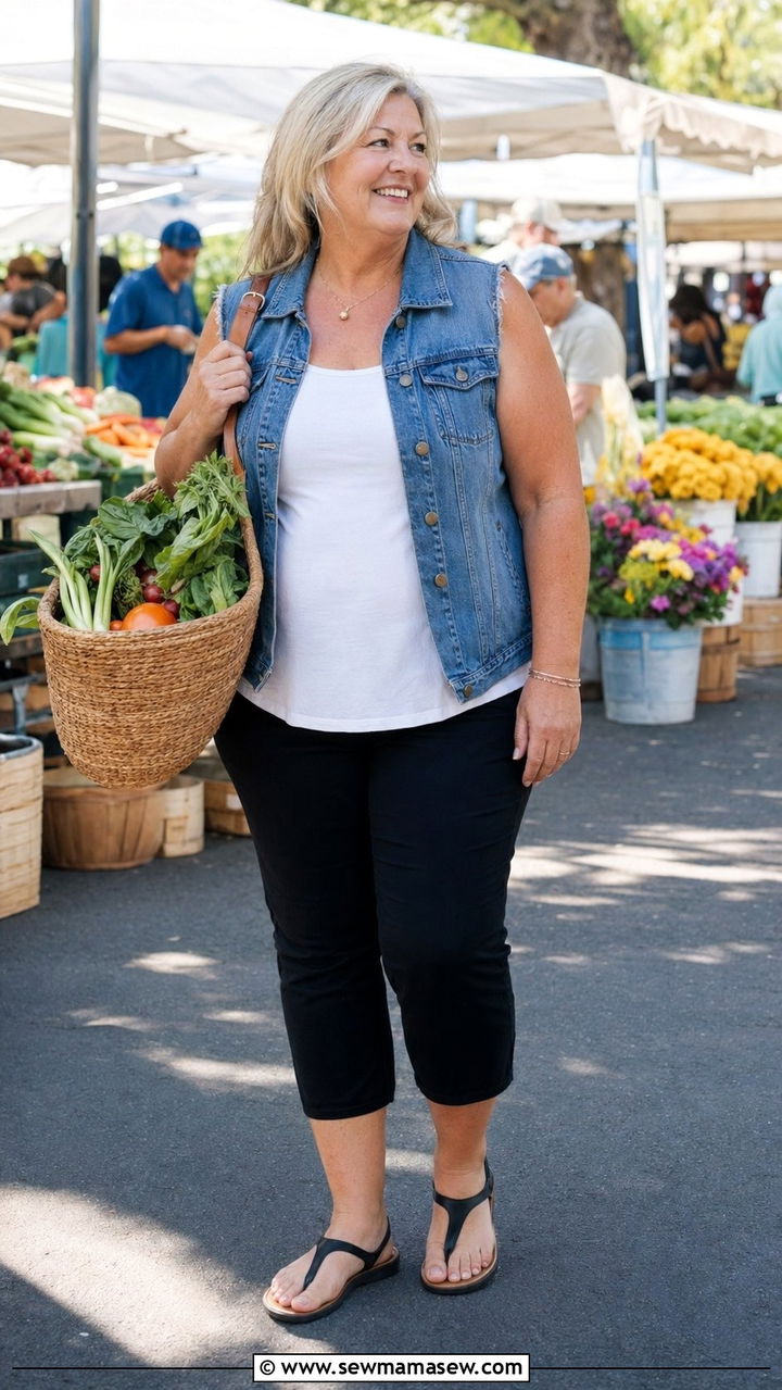 Sleeveless Denim Vest With Black Capris - 35 Plus size outfits for women over 50