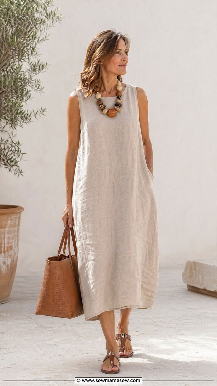 Sleeveless Linen Midi Dress with Statement Necklace - 35 Summer outfits for women over 40
