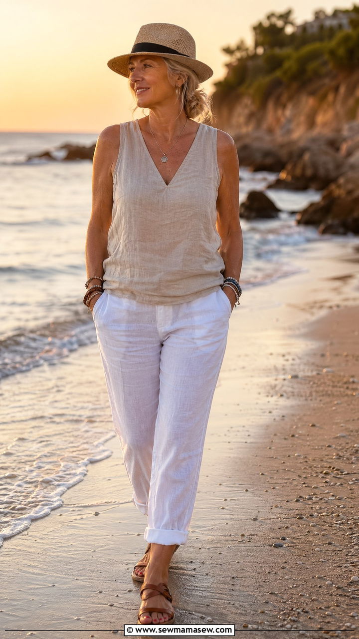 Sleeveless Linen Top with Rolled White Pants and a Straw Fedora - 35 summer outfit ideas for women over 50