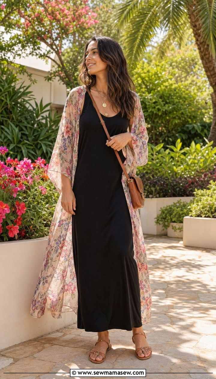 Sleeveless Maxi Dress With Lightweight Kimono - 35 Modest outfit ideas for travel
