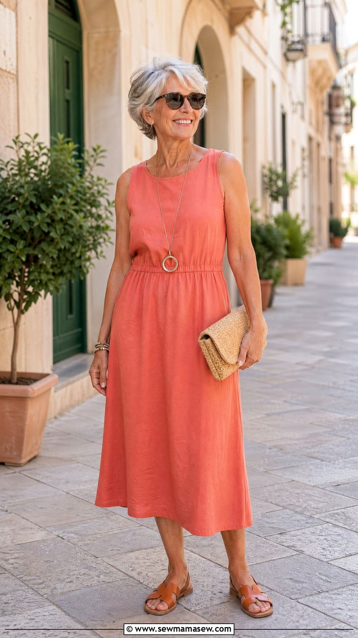 Sleeveless Midi Dress Vacation Look - 35 Vacation outfits for women over 60