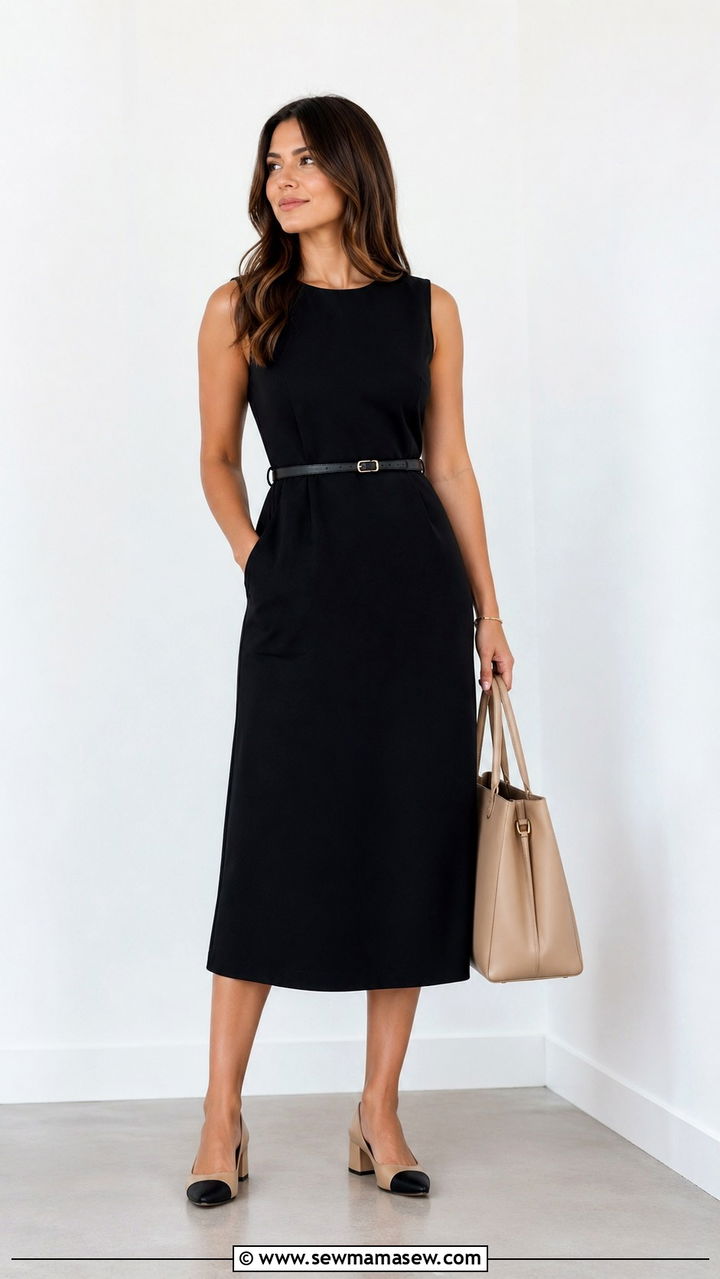 Sleeveless Midi Dress With A Cinch Belt And Low Heels - 35 Elevated work outfit ideas