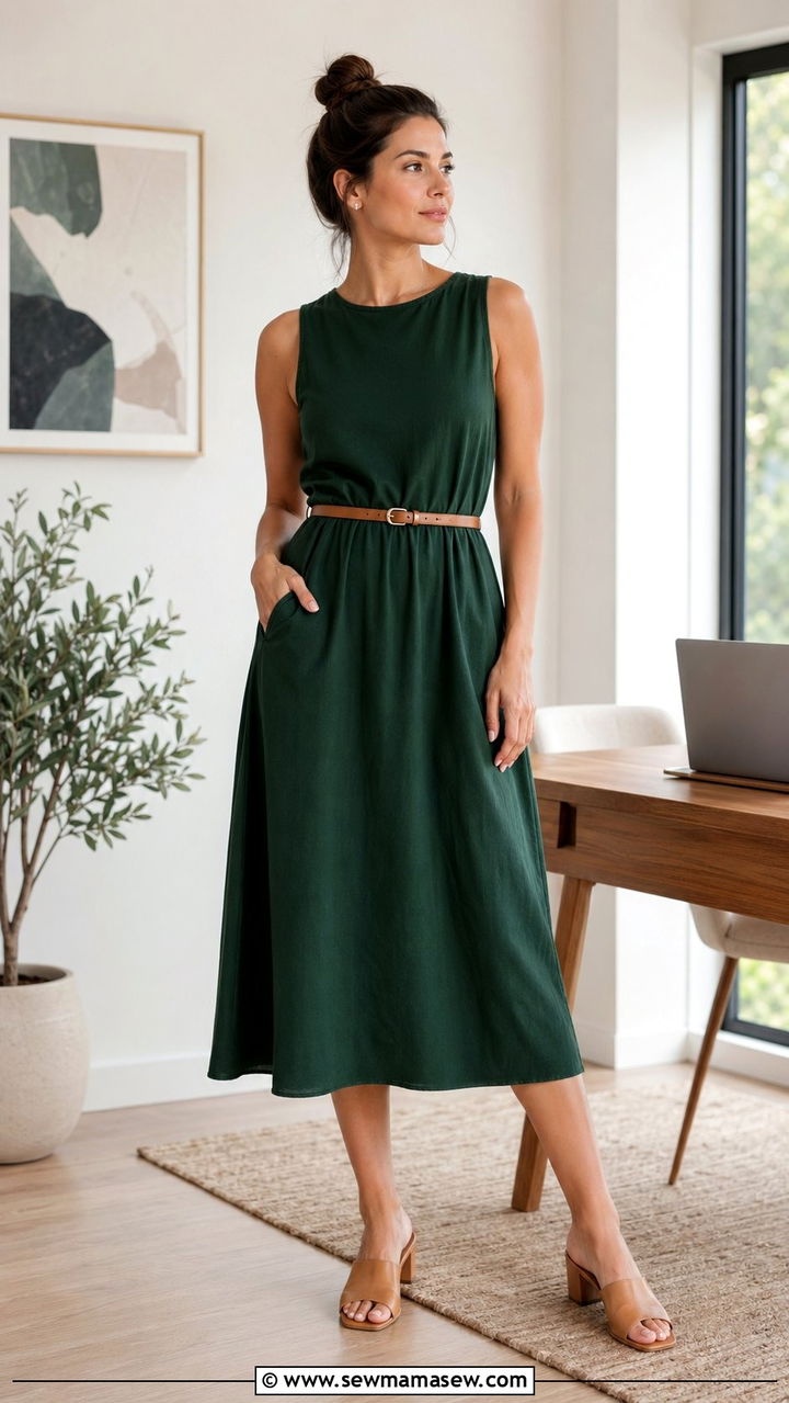 Sleeveless Midi Dress with a Thin Belt - 30 Work from home outfits for summer