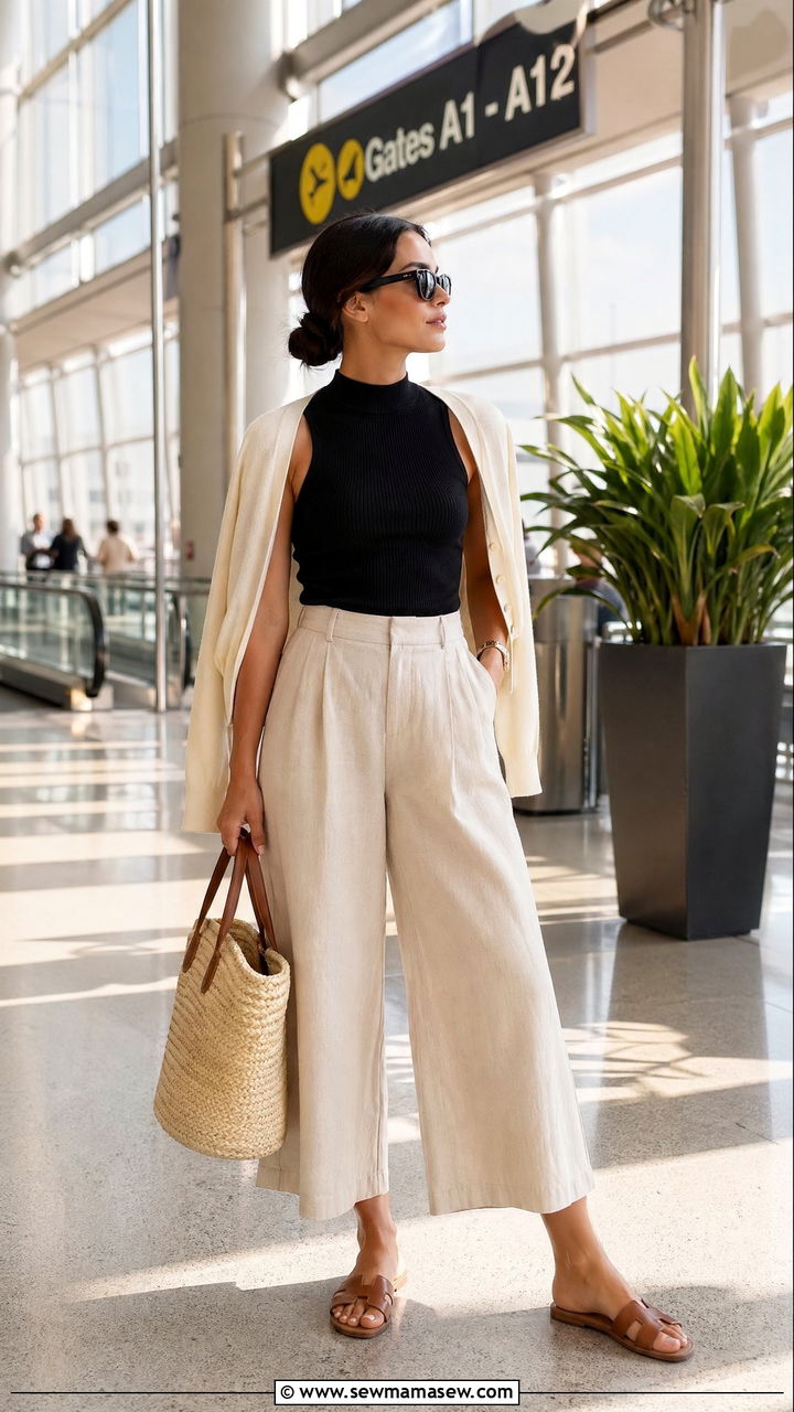 Sleeveless Mock Neck and Culottes Airport Outfit - 35 classy airport outfit ideas