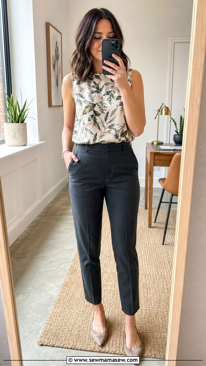 Sleeveless Printed Blouse With Tailored Pants Outfit - 35 Modest outfits for women over 40