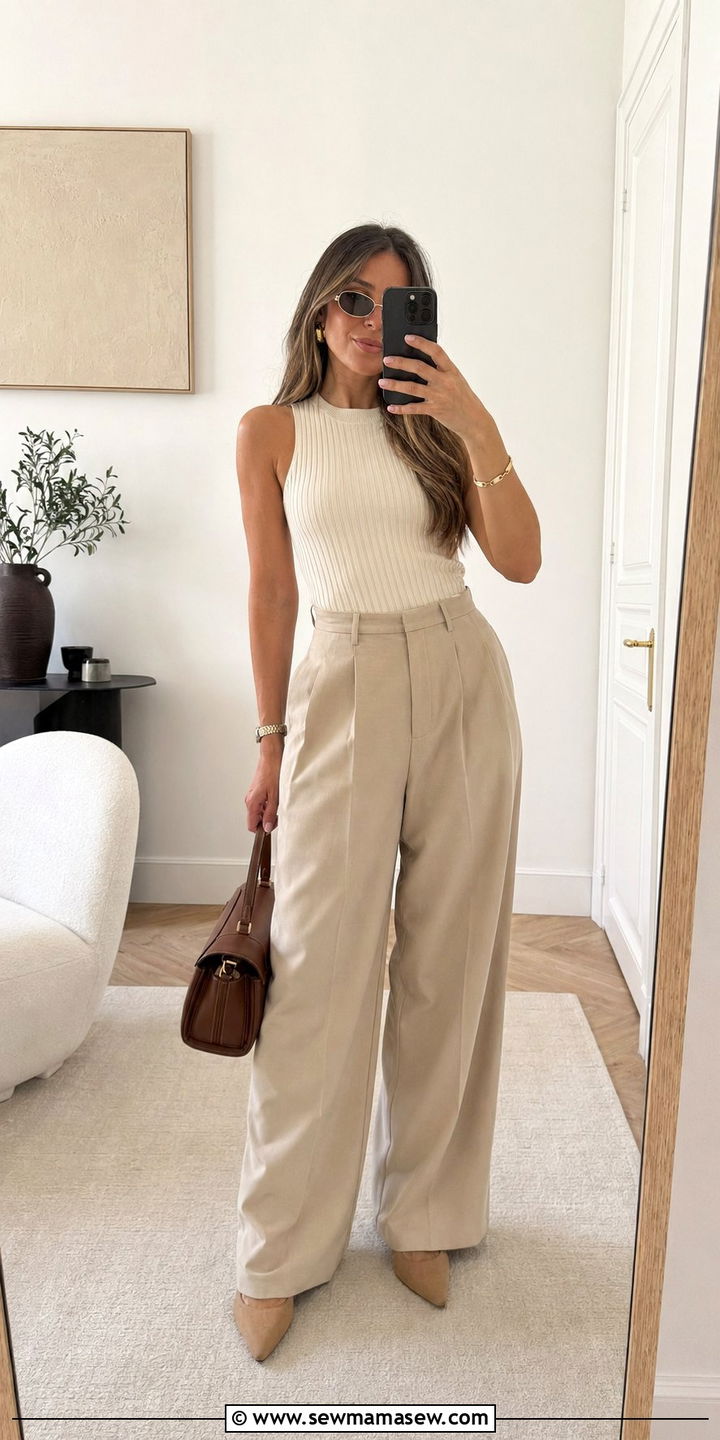 Sleeveless Ribbed Knit and Beige Tailored Trousers - 35 Quiet luxury work outfits