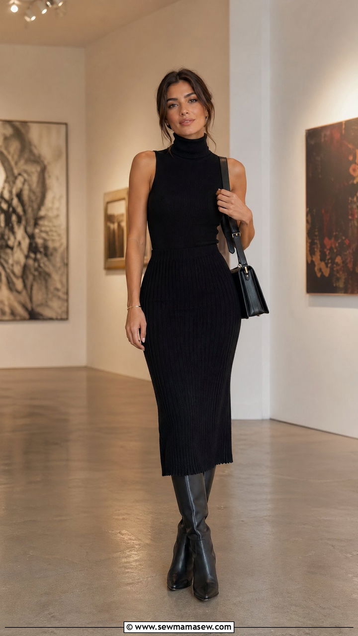 Sleeveless Turtleneck With Midi Knit Skirt And Knee High Boots - 35 classy summer to fall outfits