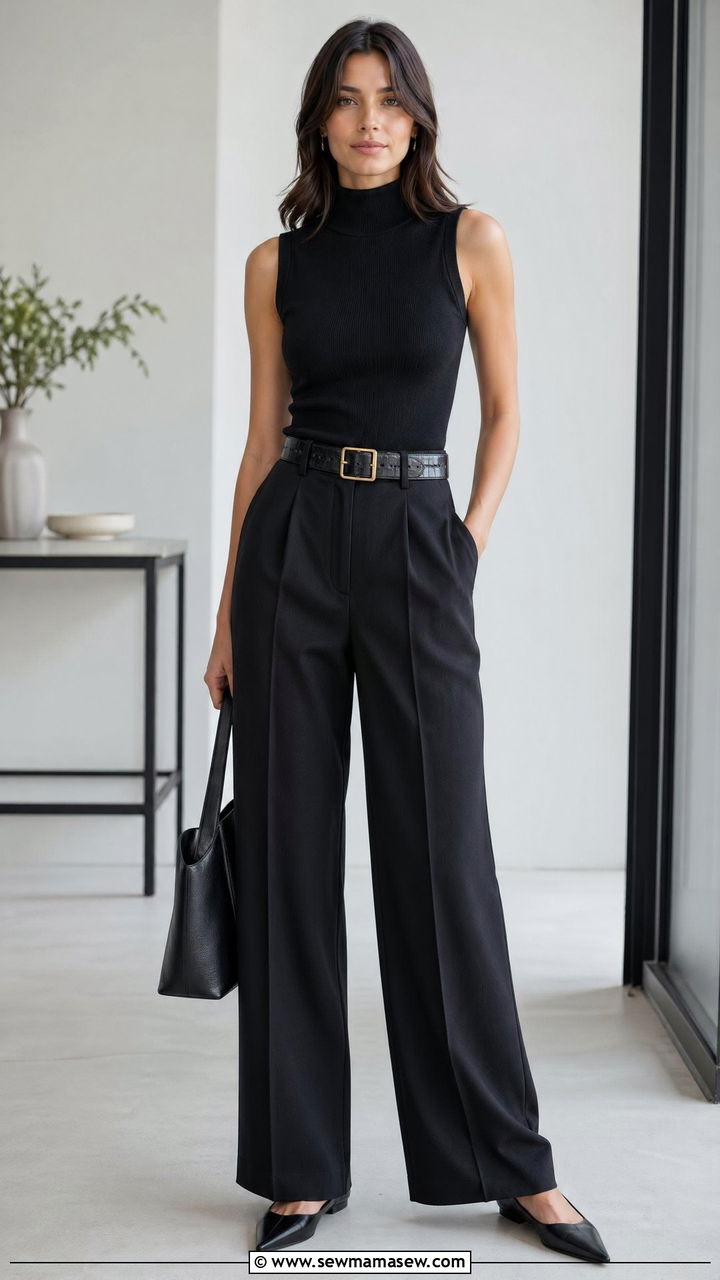 Sleeveless Turtleneck with High Waisted Trousers and a Statement Belt - 35 workwear outfit ideas for women