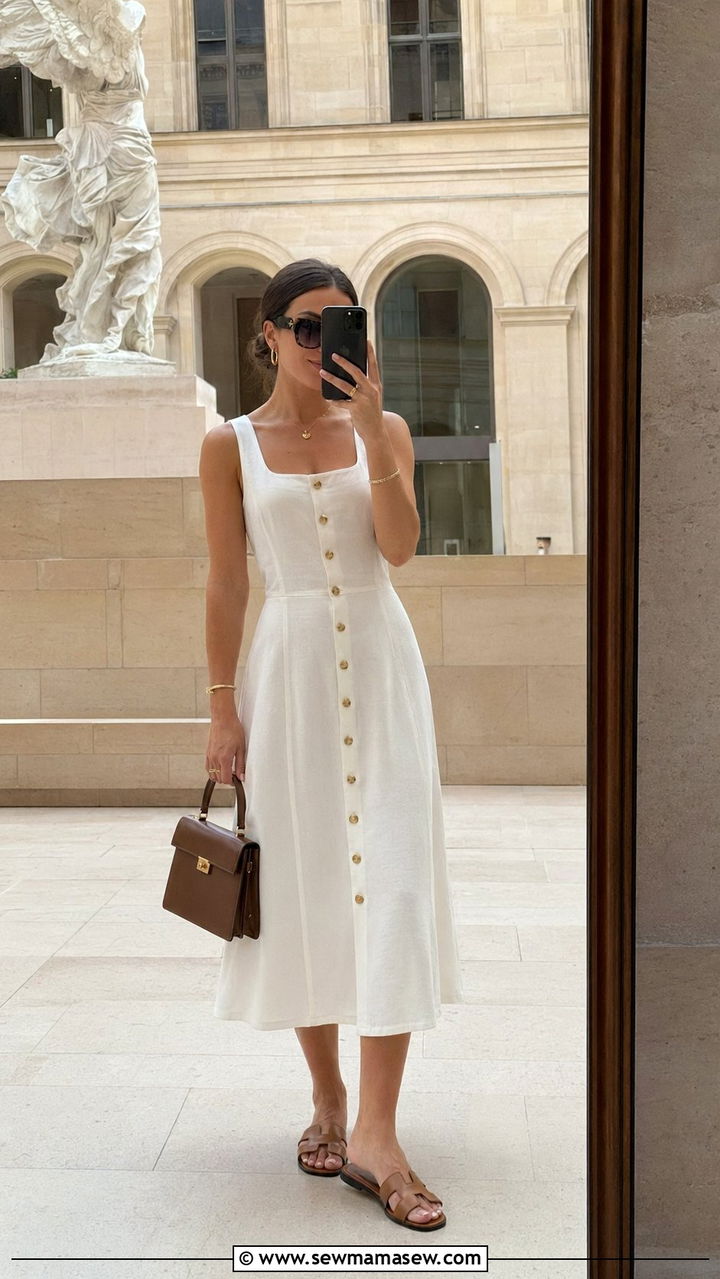 Sleeveless White Dress with Gold Button Details - 35 Old money summer outfits