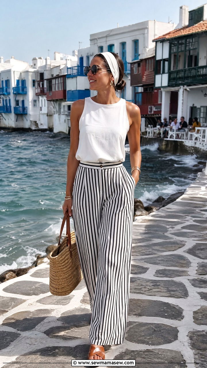 Sleeveless White Top With Striped Wide Leg Pants - 35 Spring Greece outfit ideas