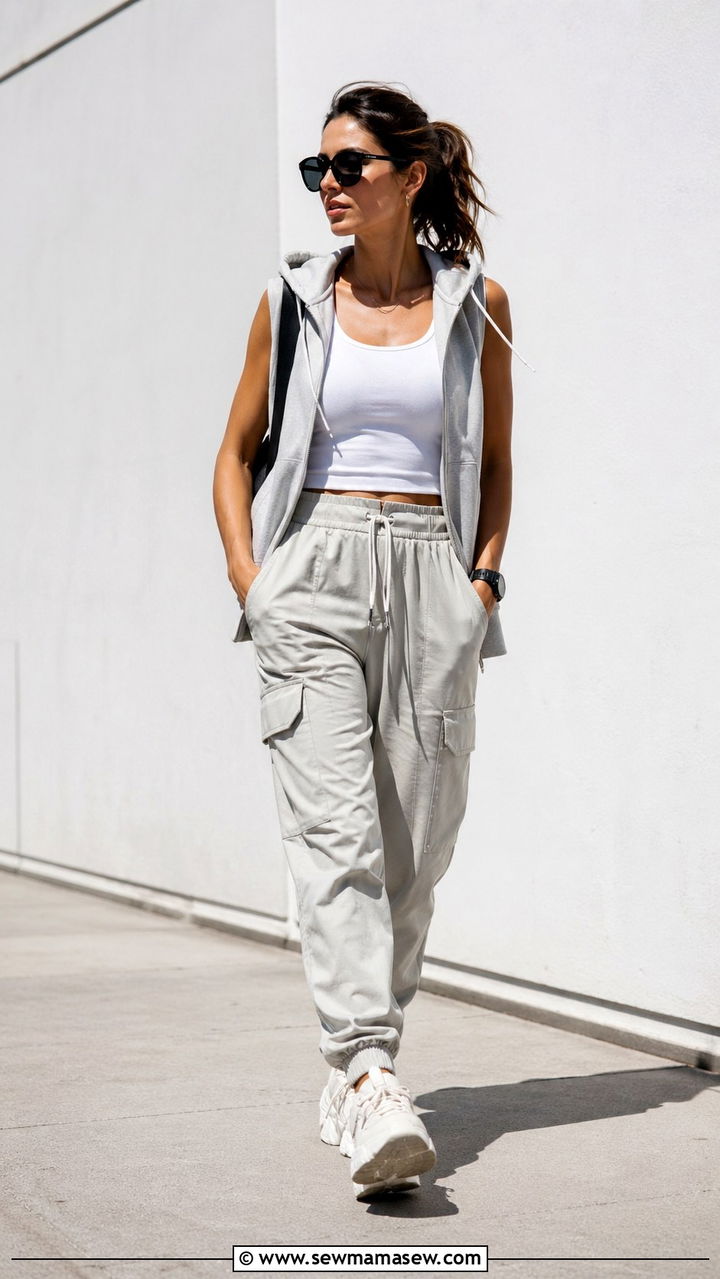 Sleeveless Zip Up Hoodie with Cargo Joggers and Chunky Trainers - 30 Sporty summer outfit ideas