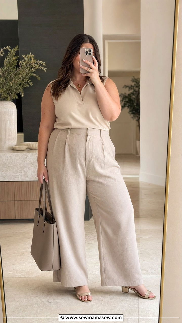 Sleeveless beige top with wide leg pants - 35 Plus size outfit ideas size 18 summer