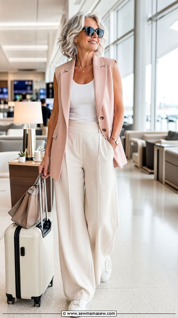 Sleeveless blazer with white tank and wideleg trousers - 35 Travel outfit ideas for women over 50