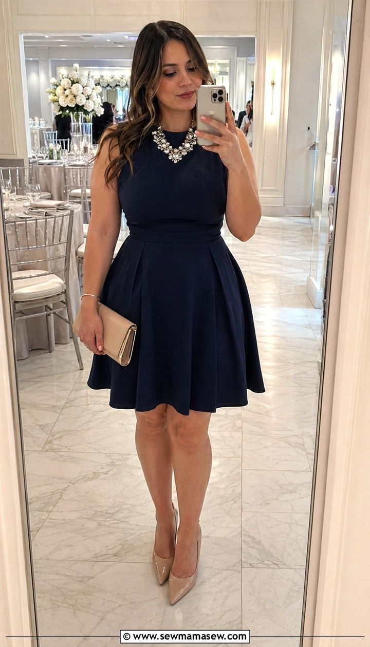 Sleeveless fit and flare dress with a statement necklace - 30 wedding guest outfits for pear shaped body