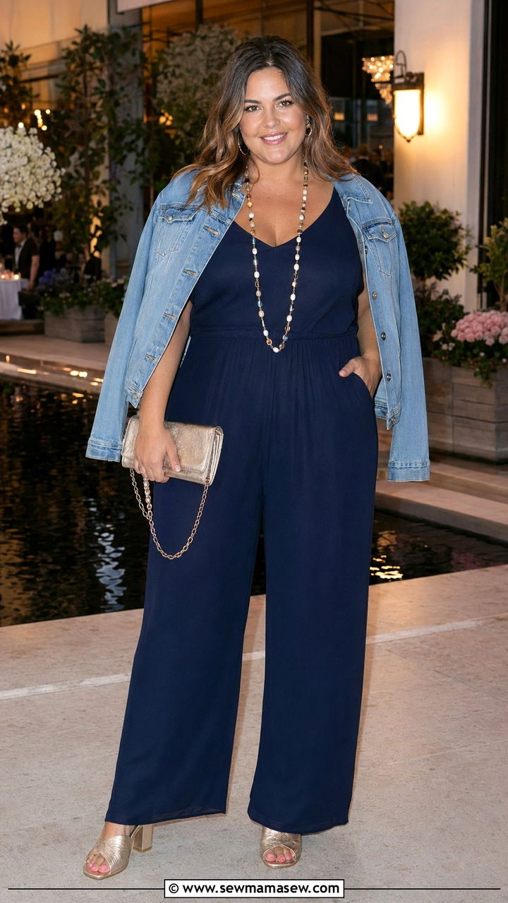 Sleeveless jumpsuit with denim jacket - 35 Plus size outfit ideas size 18 summer