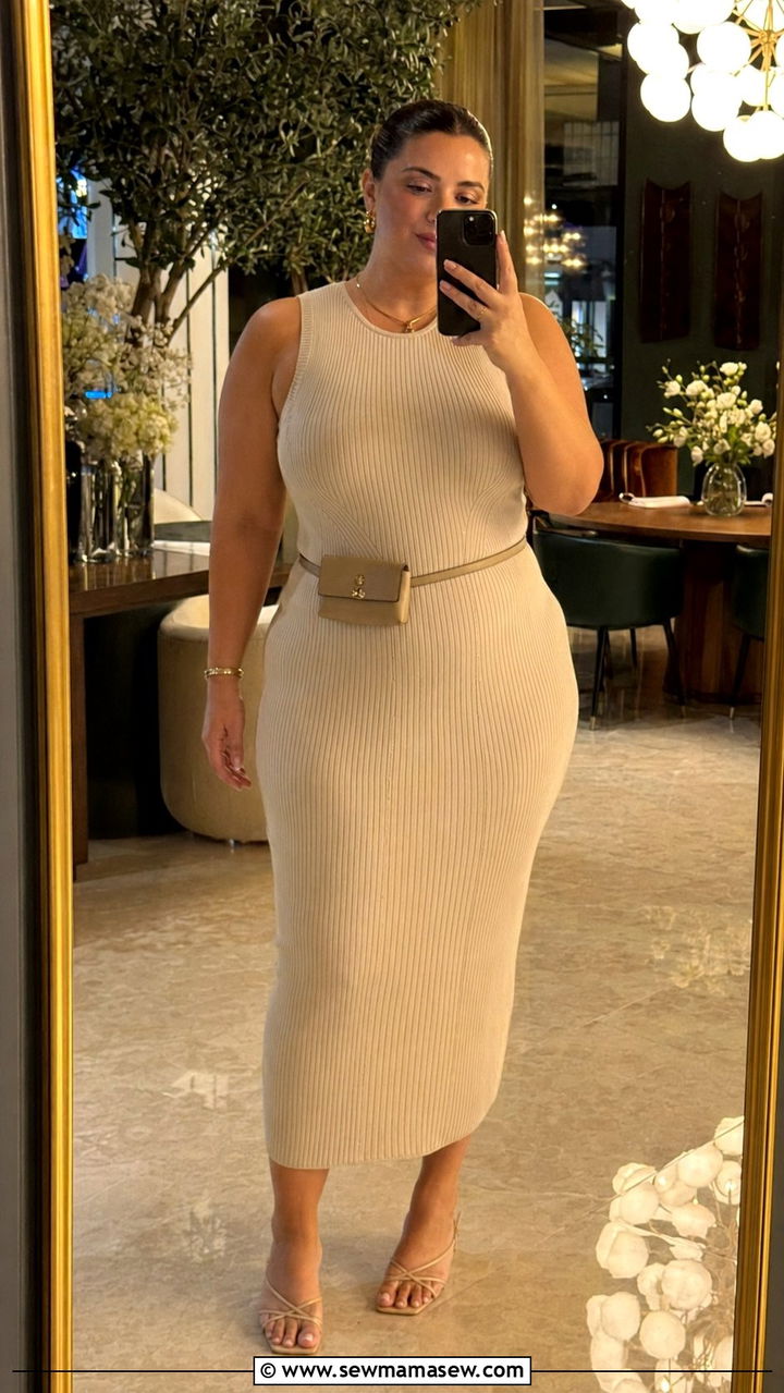 Sleeveless knit midi dress with minimalist sandals - 35 Plus size outfit ideas size 18 summer
