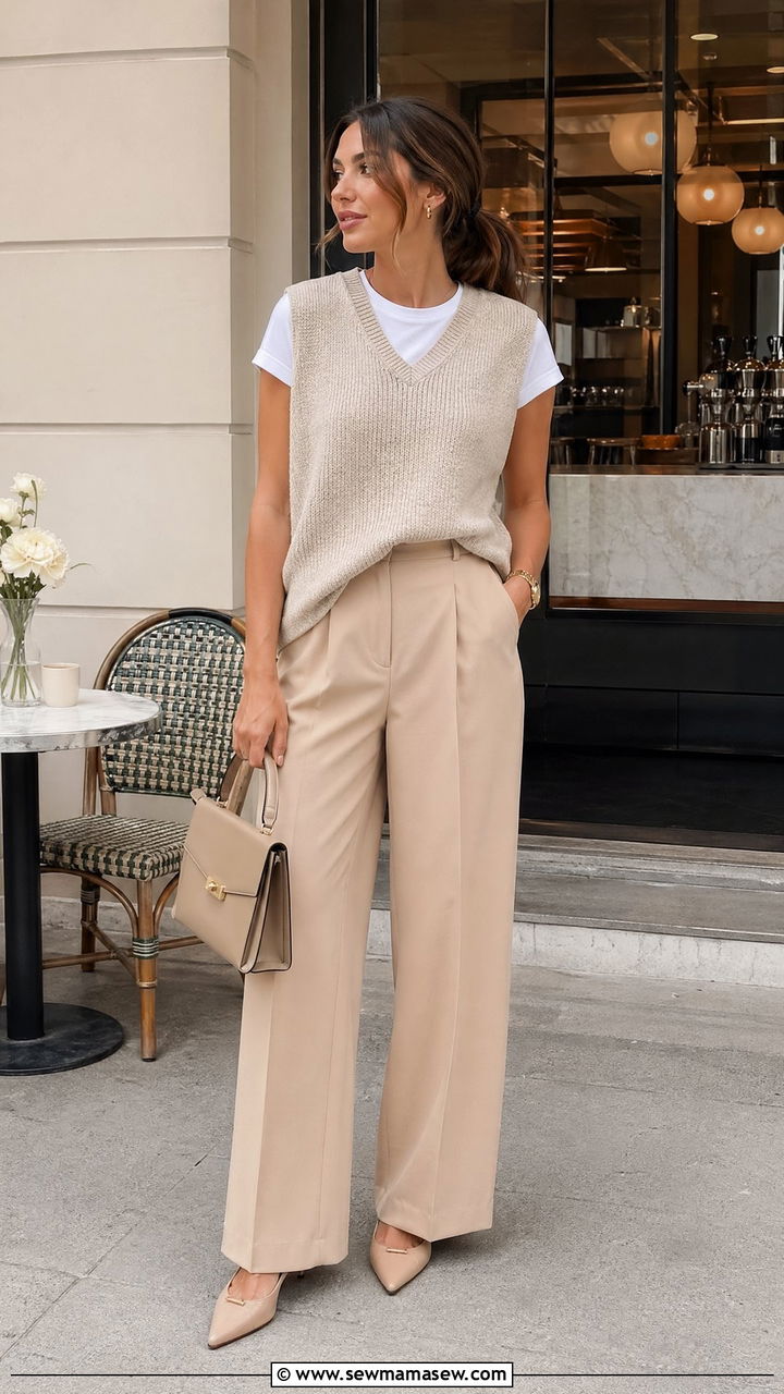 Sleeveless knit vest and wide leg trousers outfit - 35 Clean girl aesthetic outfit ideas