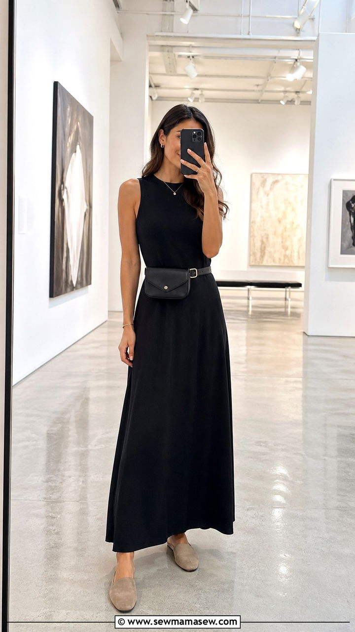 Sleeveless maxi dress with a belt bag and flat mules - 30 Sleeveless maxi dress outfit ideas