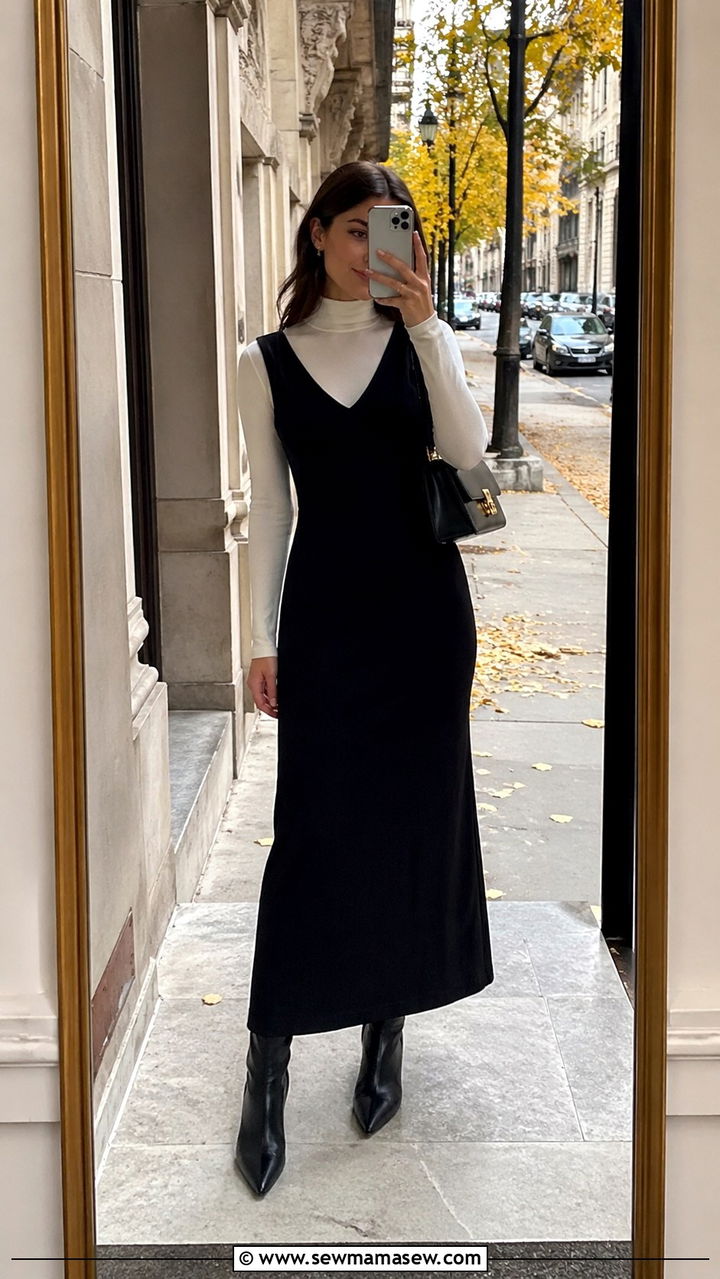 Sleeveless maxi dress with a fitted turtleneck layered underneath - 30 Sleeveless maxi dress outfit ideas
