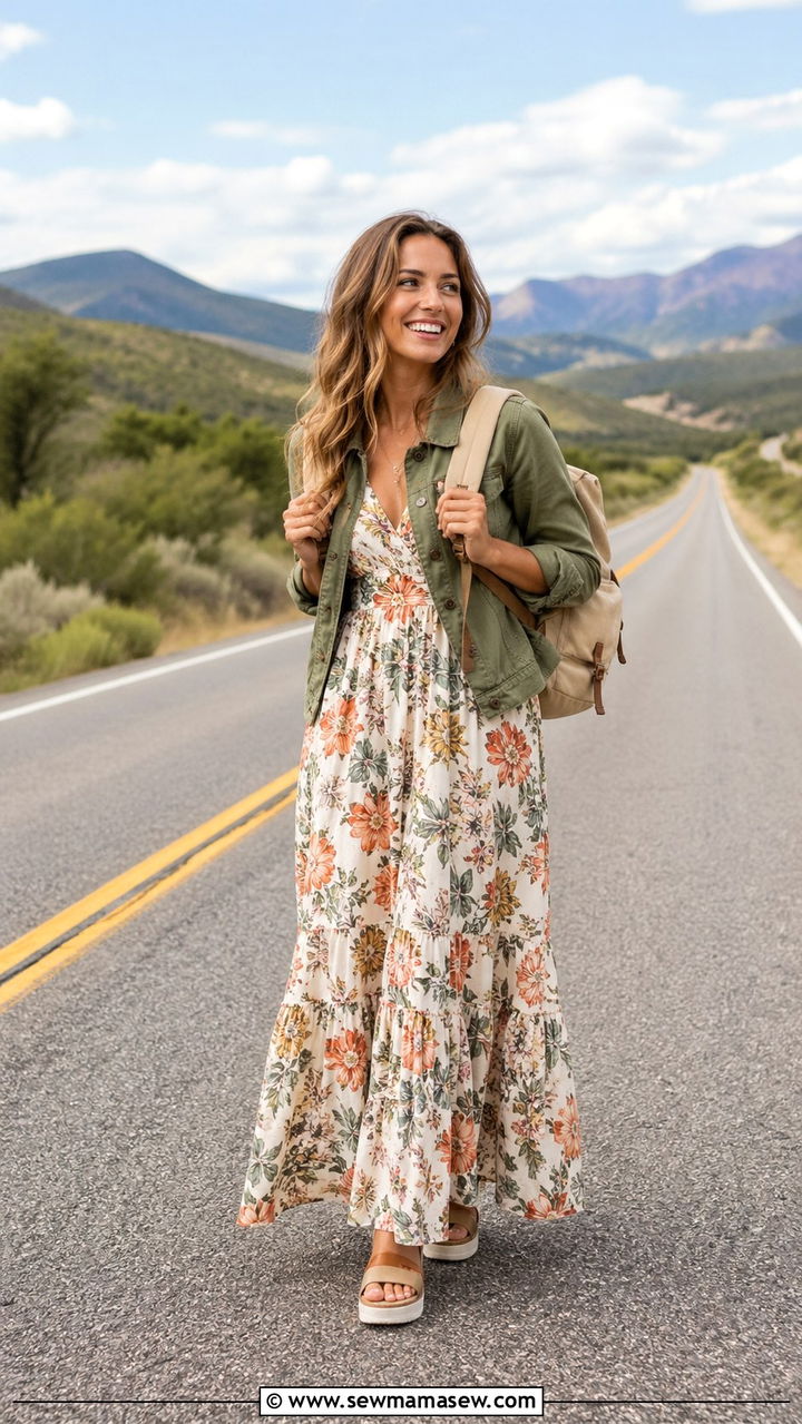 Sleeveless maxi dress with a utility jacket and platform sandals - 30 Sleeveless maxi dress outfit ideas