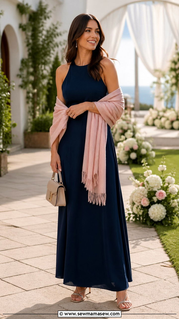 Sleeveless maxi dress with pashmina shawl and kitten heels - 30 Sleeveless maxi dress outfit ideas