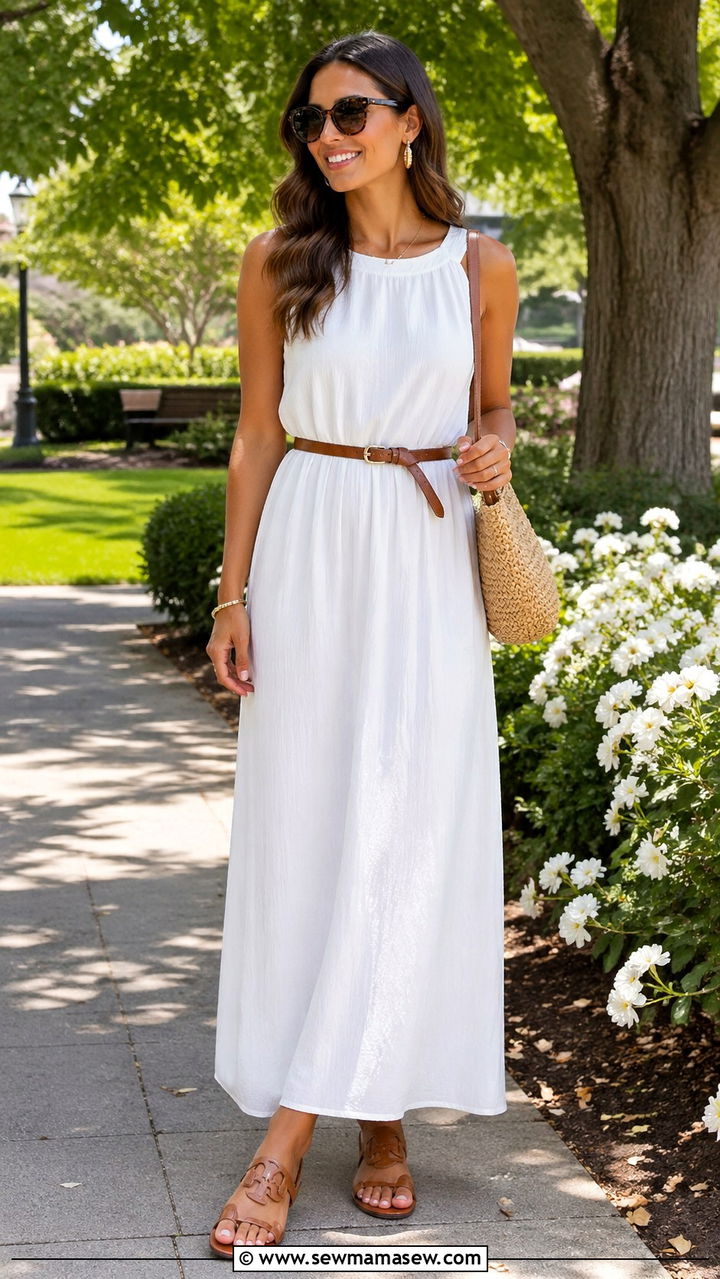 Sleeveless maxi dress with waist belt and flat sandals - 30 Sleeveless maxi dress outfit ideas