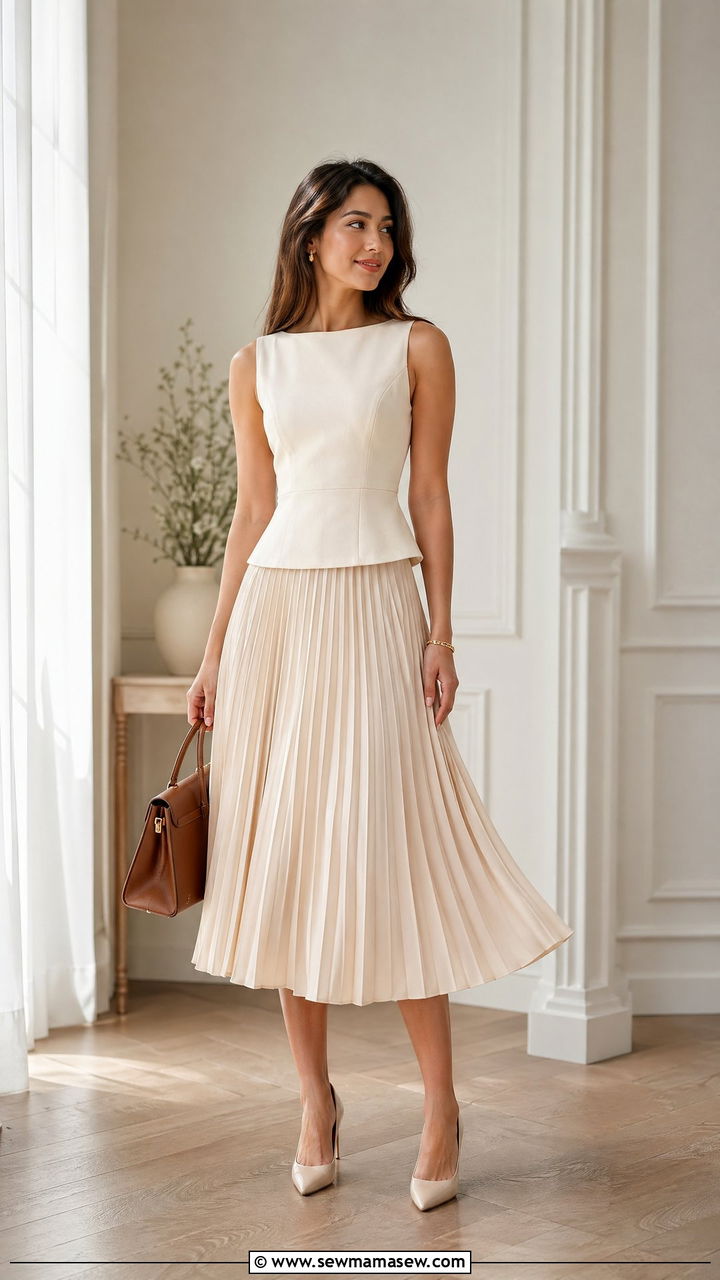 Sleeveless structured top and pleated midi skirt outfit - 35 Summer office outfit ideas