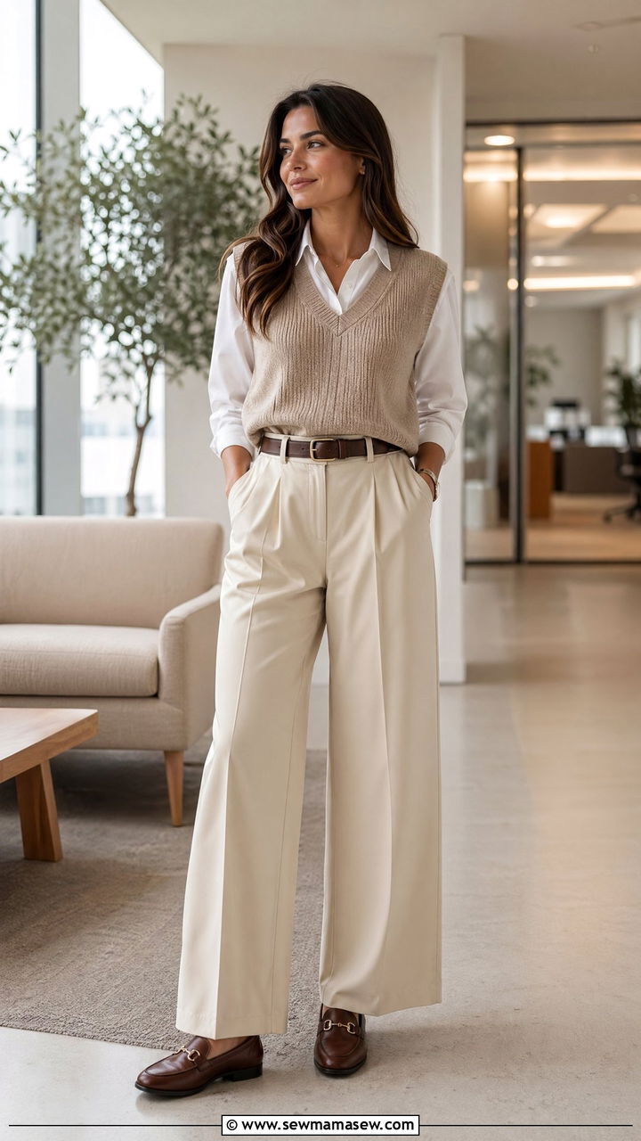 Sleeveless sweater vest with wide leg trousers and loafers - 35 transitional outfits for women