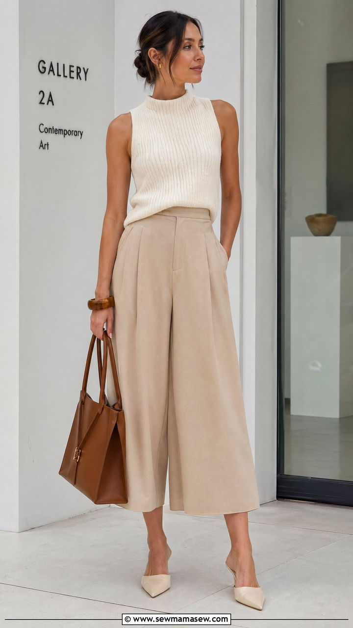 Sleeveless sweater with culottes summer look - 35 Summer outfits with sweaters