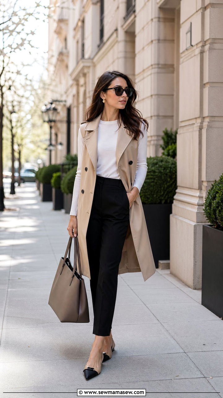 Sleeveless trench vest with tapered trousers outfit - 35 classy spring outfit ideas