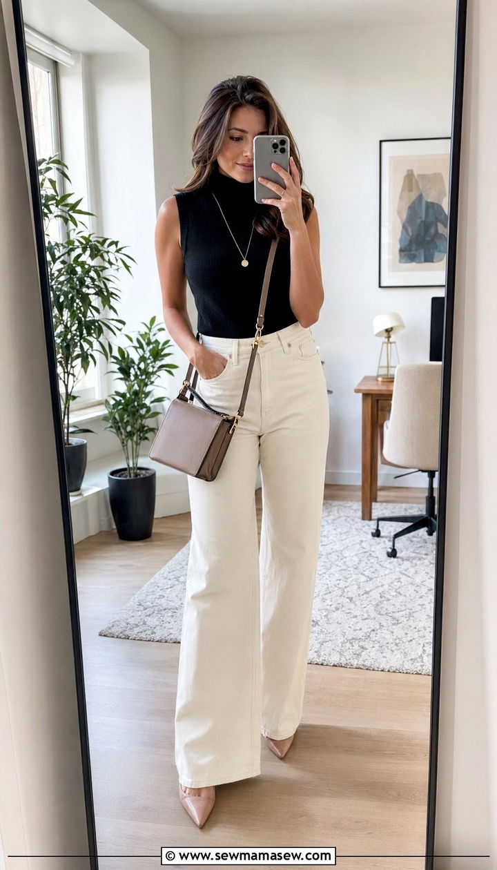 Sleeveless turtleneck and wide leg jeans outfit - 30 Work outfits with jeans